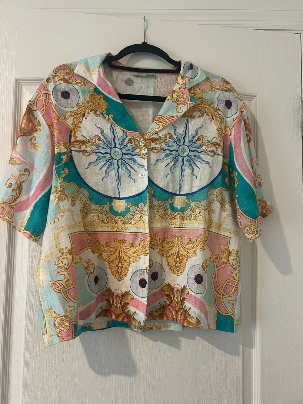 Pastel Ornamental Short-Sleeve Button-Front Shirt